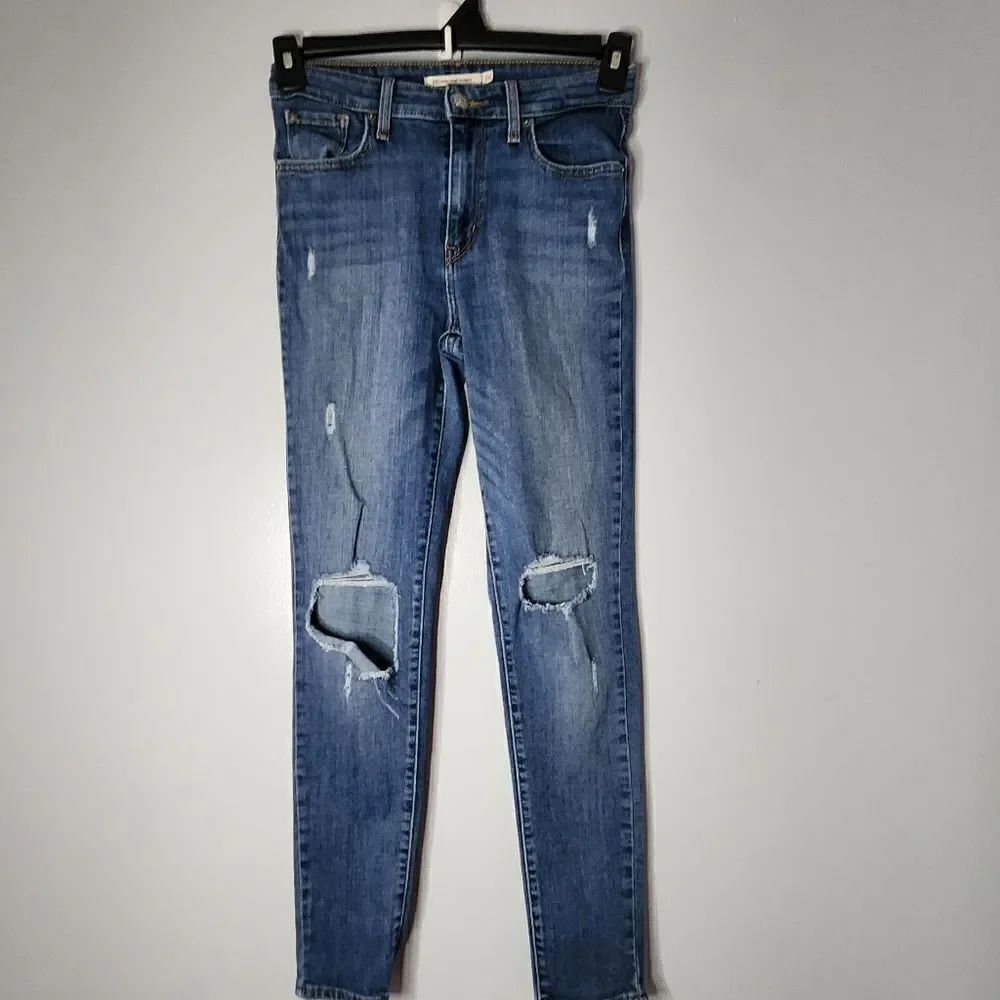 Levis Womens 721 High Rise Skinny Jeans 26 Blue Distressed Destroyed Stretch